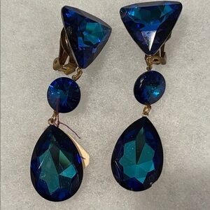 Vintage Triple Blue Loaded Swarovski Crystal Drop Elegant Earring 3 1/4 L New